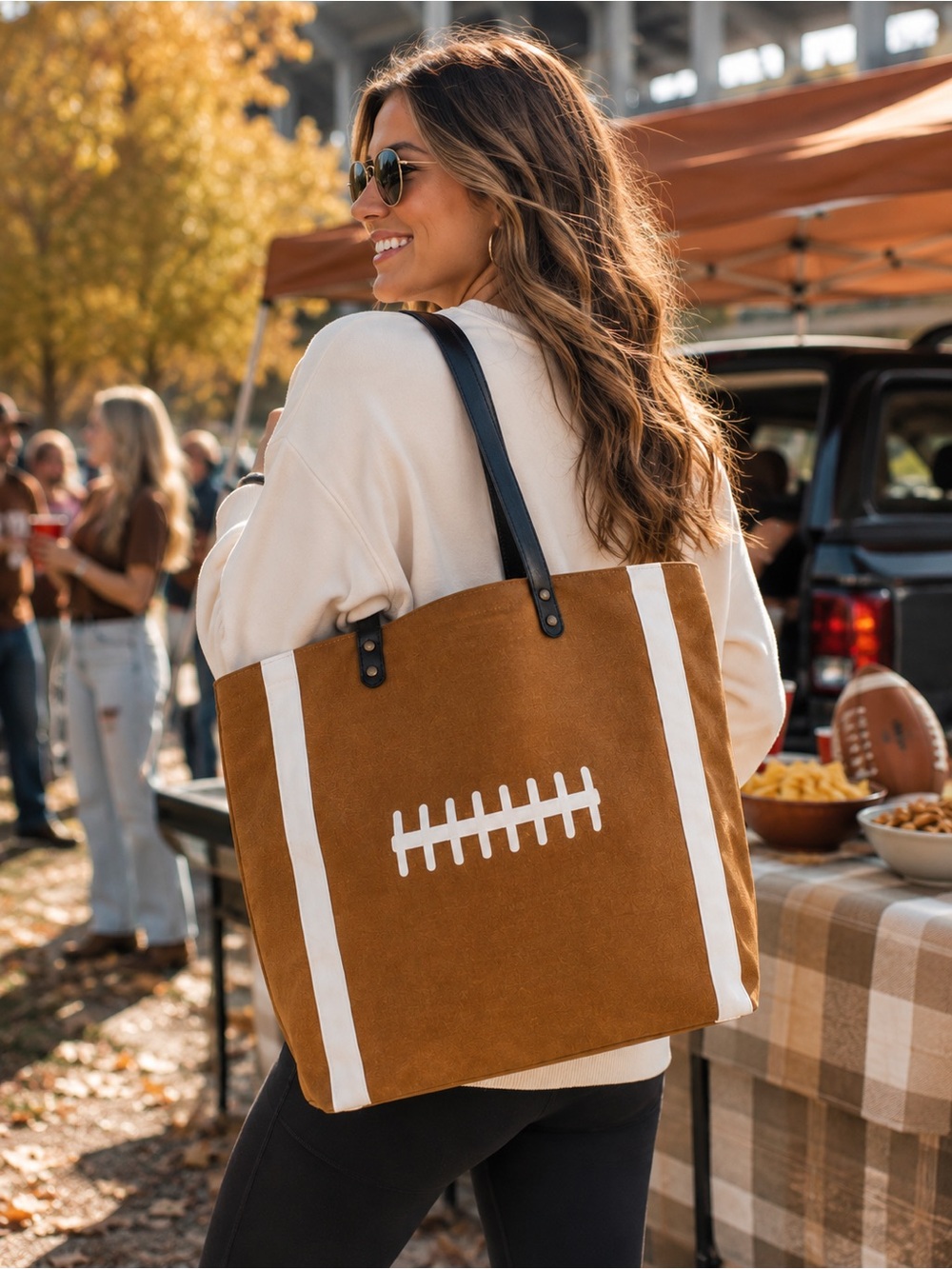 Football Game Day Brown Canvas Large Tote Bag Shoulder Bag NWOT